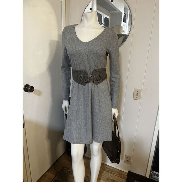 Amadi Anthropologie Womens Small Tweed Mini Dress Racer Back Belted Taupe V Neck - Picture 1 of 8